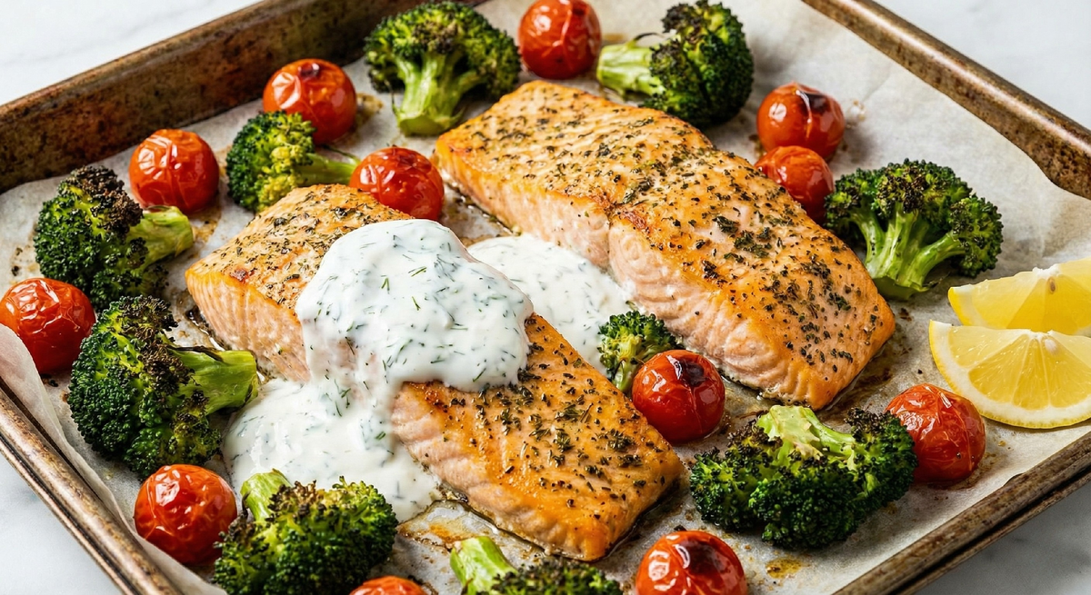 Простой и вкусный запечённый лосось с брокколи и черри