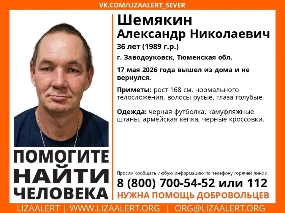 Еще один мужчина пропал в Тюменской области: поисковики объявили о пропаже Александра Шемякина из Заводоуковска