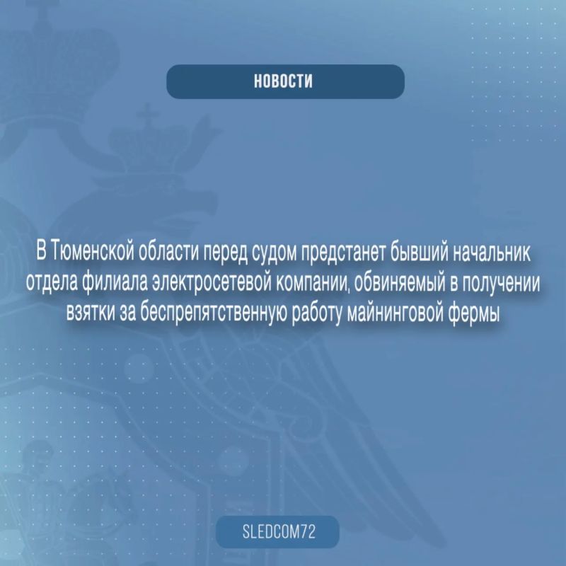 В Тюменской области перед судом предстанет бывший начальник отдела филиала электросетевой компании, обвиняемый в получении взятки за беспрепятственную работу майнинговой фермы