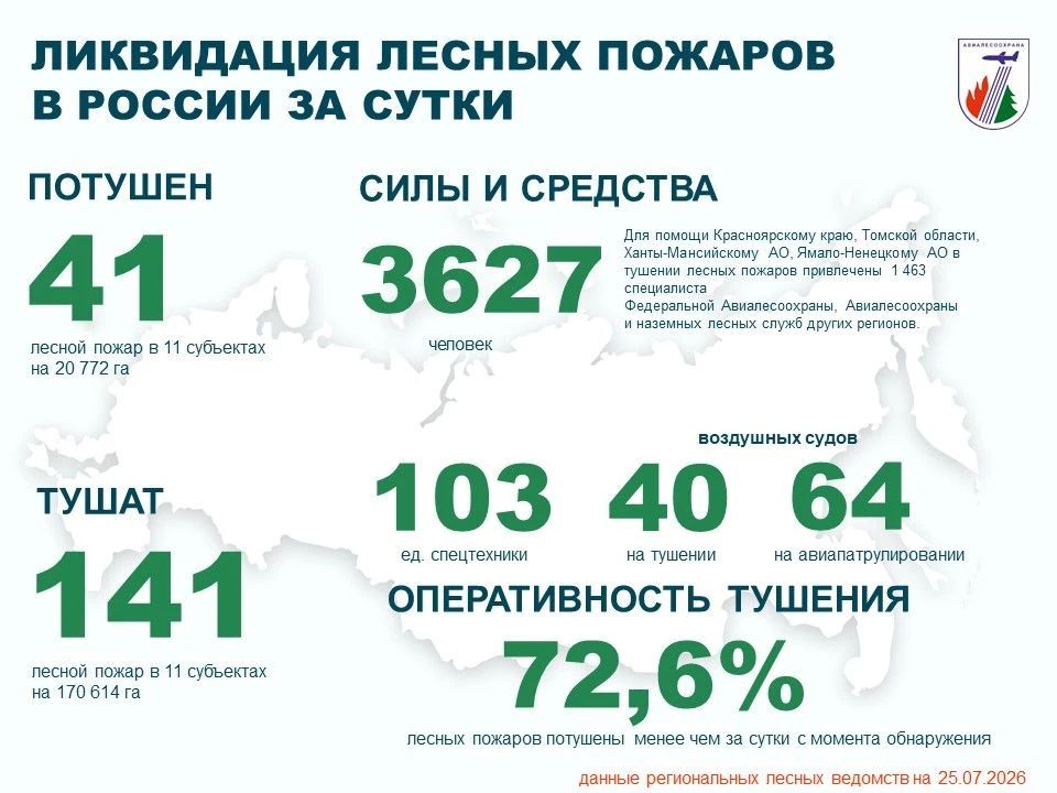 За прошедшие сутки в России потушен 41 лесной пожар в 11 регионах