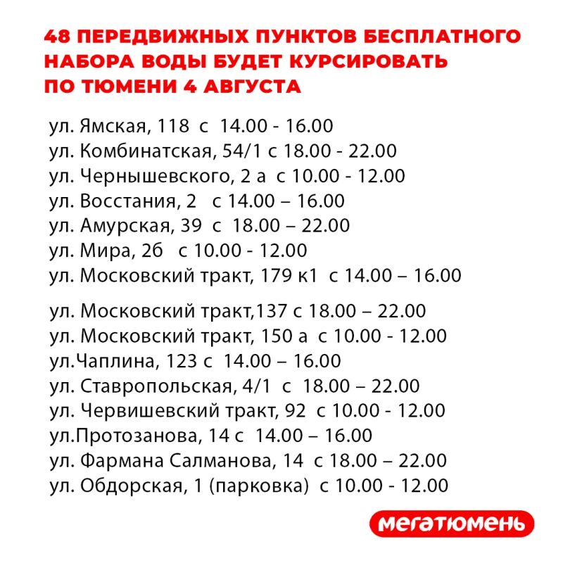 Проект "Чистая вода": график работы передвижных пунктов набора воды 4 августа Проект "Чистая вода": график работы передвижных пунктов набора воды 4 августа