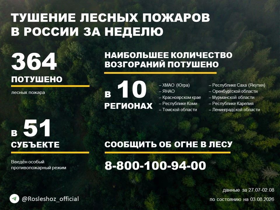 По данным Авиалесоохраны, подведомственной организации Рослесхоза, за прошедшую неделю потушено 364 лесных пожара в 35 регионах России